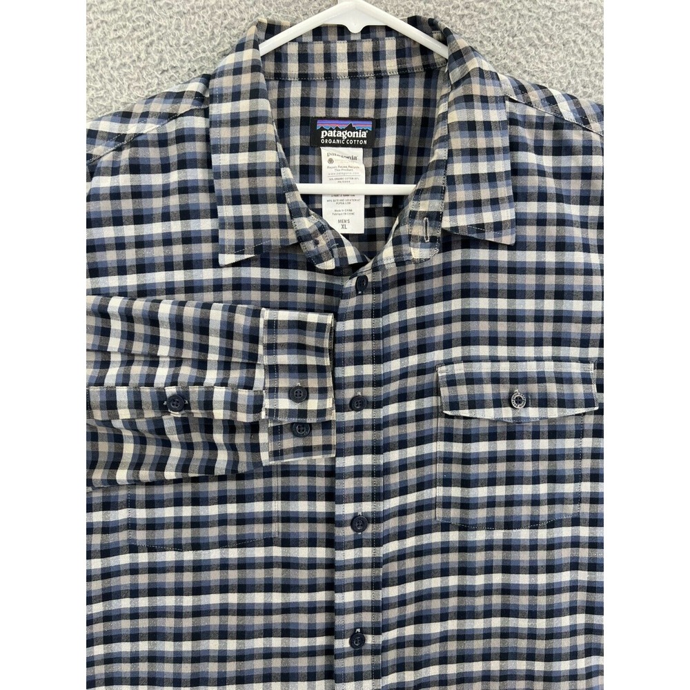 PATAGONIA Men's XL Long Sleeve Shirt Blue Plaid Organic Cotton Button Up